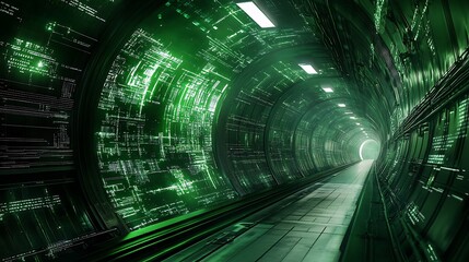Futuristic digital tunnel with glowing green code and bright light at the end.