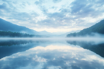 Fototapeta premium Misty Mountain Lake Reflections at Sunrise