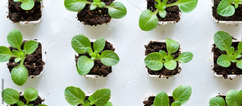 Poster Group of young seedlings set against a white background An image of seedlings from a top view Seedlings prepared for transplanting. with copy space image. Place for adding text or design