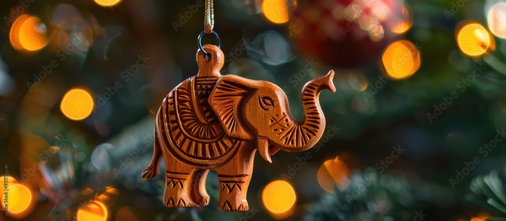 Aufkleber close up of a carved elephant pendant on a lit christmas tree in a living room during the evening. w