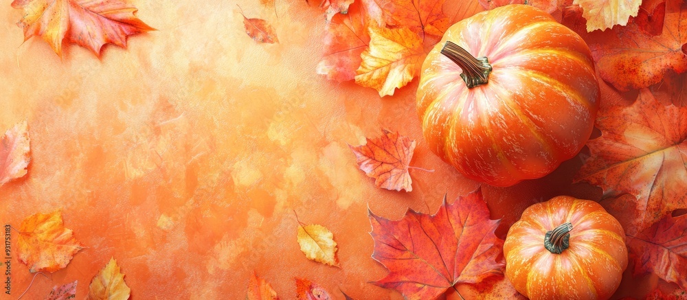 Fototapete Pumpkin harvest with autumn leaves flat lay scene. with copy space image. Place for adding text or design