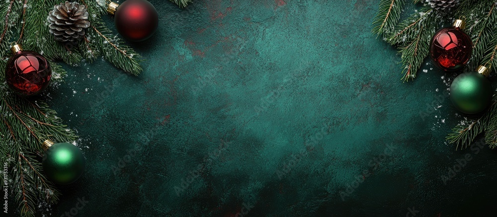 Poster christmas background featuring fir branches and glass ornaments in green and burgundy on a dark abst