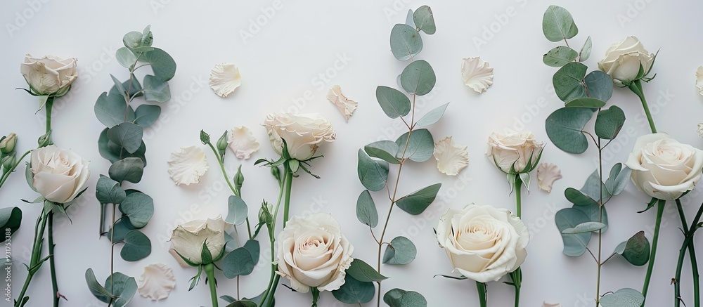 Poster Flat lay arrangement of flowers Dried rose blooms and eucalyptus sprigs on a white background from a top view with copy space Floral backdrop Design element for a greeting card