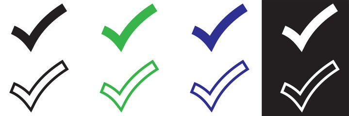 Four color tick. Green, white, blue, and black check mark. Tick symbol, icon, sign in green, white, blue, and black color. Done. Tick check mark icon vector illustration. eps 10
