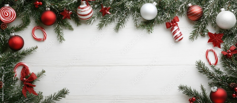 Poster xmas decoration garland frame concept background top view with copy space on a white wooden surface 