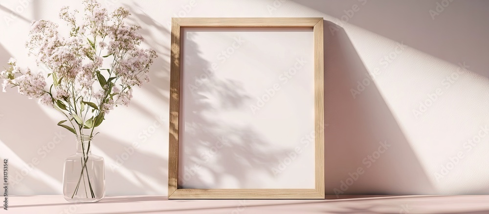 Poster Empty wooden photo frame and preserved flowers. with copy space image. Place for adding text or design