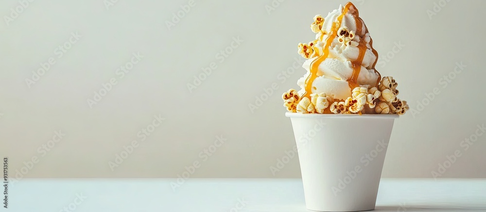 Fototapete ice cream topped with caramel and popcorn on a white table against a white background. with copy spa