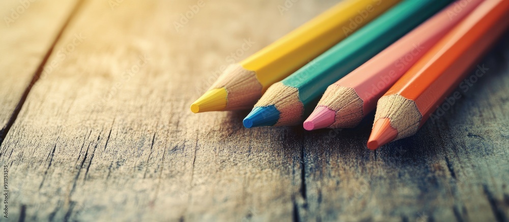 Poster close up of colored pencils on a wooden table. with copy space image. place for adding text or desig