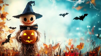 Fototapeta premium Playful Scarecrow with Pumpkin, a whimsical figure amidst Halloween decorations, featuring bats, cobwebs, and autumnal charm, perfect for festive atmospheres.