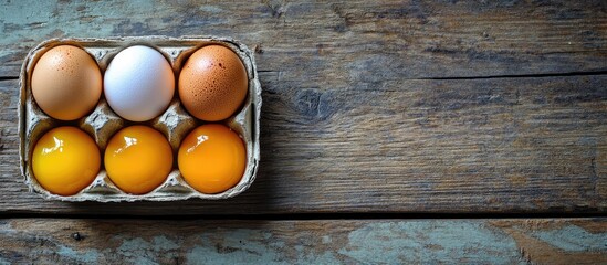 Raw chicken egg yolks and duck egg yolks in a recycled paper box with copyspace on an old wooden background used as a concept for food cooking ingredients showcasing different colors
