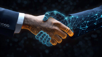 Two hands shaking, one digital robot and the other human, with glowing data connections between them, symbolizing technology's role in connecting people across boundaries. 