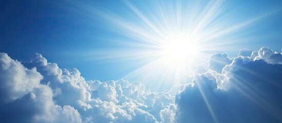 The lovely cloudy sky with sunlight shining through The gentle clouds evoke a sense of relaxation Copy space