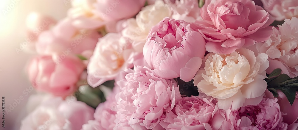 Poster bouquet of fresh pink peonies and roses card concept pastel hues close up image. with copy space ima