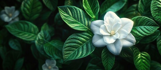 White Solomon seal flowers bloom amid vibrant green foliage in a woodland garden. with copy space image. Place for adding text or design