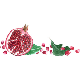 Red pomegranate with seeds and green leafs detailed watercolor bordur isolated on white. Hand drawn realistic banner for fall harvest cards, culinary designs, home decor, prints. Autumn plant clip art