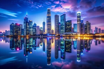 Fototapeta premium Visionary Metropolis Futuristic cityscape with sleek skyscrapers and neon lights reflecting off water at dusk with deep blues and purples tones.