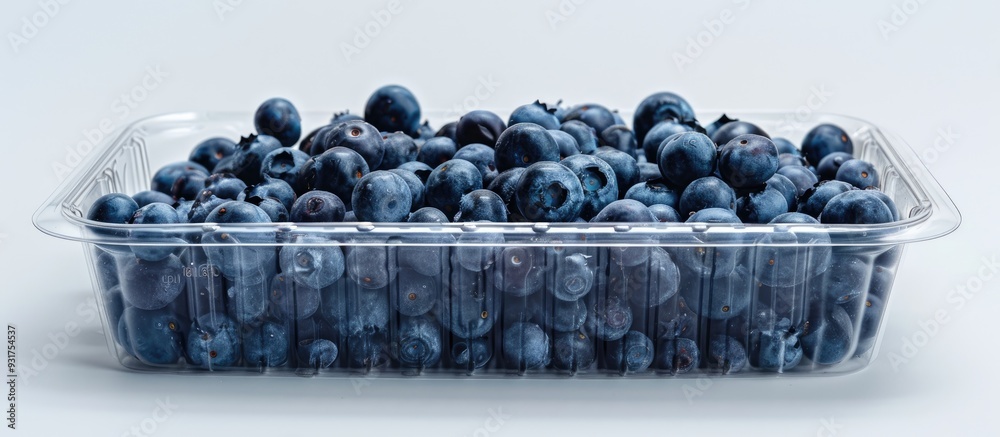 Poster a natural mound of freshly picked blueberries in a polyethylene terephthalate pet plastic container 