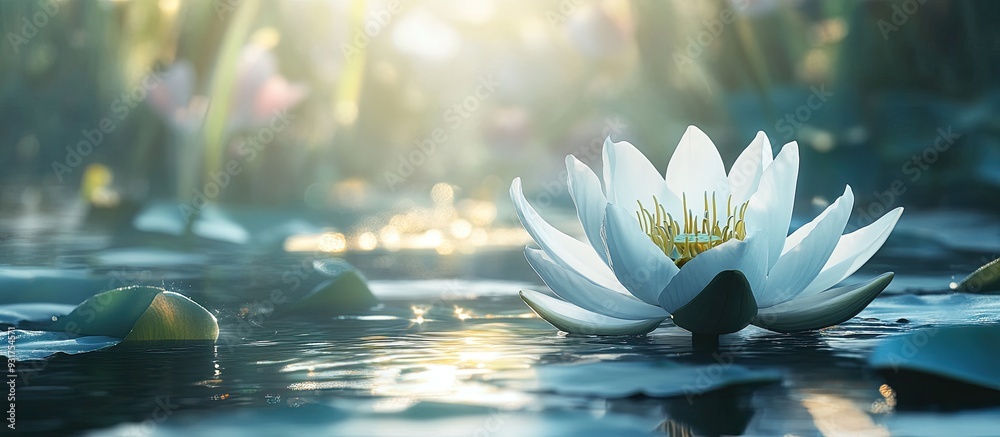 Poster White lotus flower or water lily illuminated by morning sunlight in the background. with copy space image. Place for adding text or design