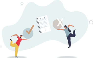 Pros and cons comparison with two choices to compare.Planning risk and benefits strategy with argument analysis .flat design with people.