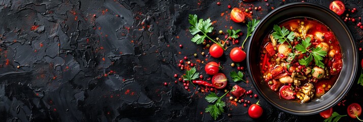 Spicy Vegetable Stew with Herbs and Spices, Served in a Black Bowl on a Dark Background