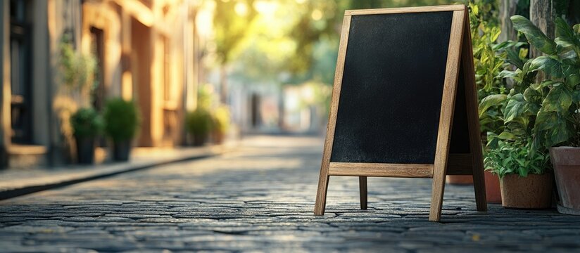 An empty sandwich chalkboard stand is situated on the street awaiting filling. with copy space image. Place for adding text or design