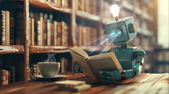 A robot with a lightbulb head reading a book in a cozy, coffee cup on table, warmly lit library, blending technology and comfort. Seamless loop video background