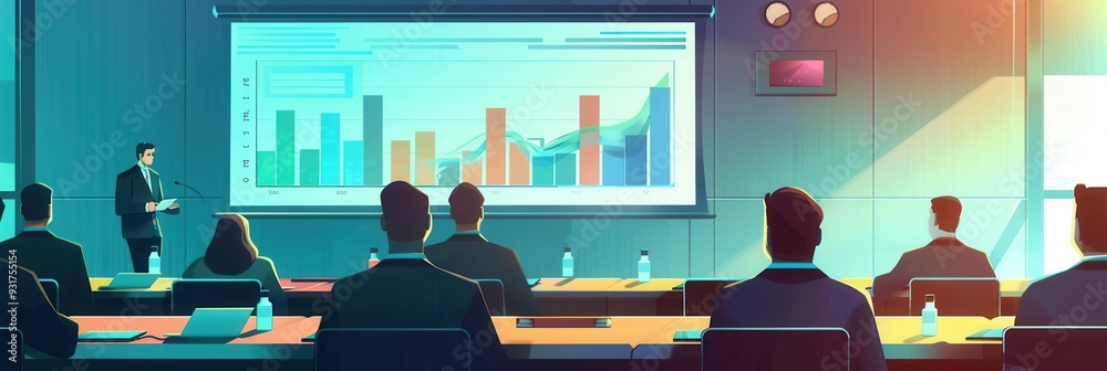 Poster a professional presents financial insights to an attentive audience in a contemporary conference roo