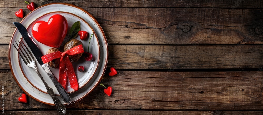 Poster A fork and knife tied together with a red bow on a plate featuring a heart set against a wooden background The theme of Valentine s Day Side view. with copy space image