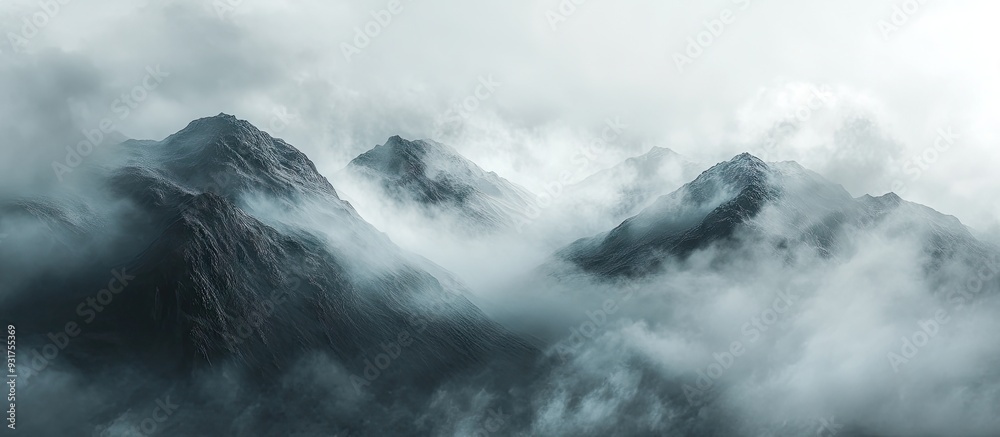 Poster Fog covered mountain landscape. with copy space image. Place for adding text or design