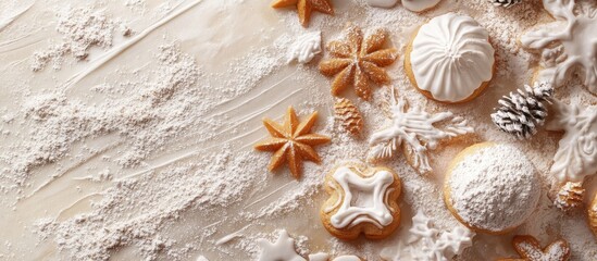 Abstract background of Christmas food featuring cookie molds and flour. with copy space image. Place for adding text or design
