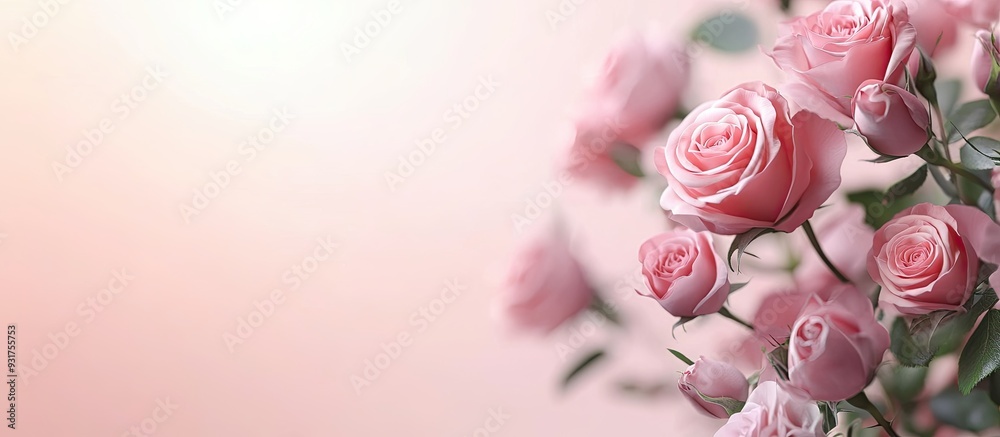 Poster a lovely bouquet of pink rose flowers in a corner against a soft background. with copy space image. 