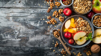 Healthy home made breakfast of muesli, apples, fresh fruits and walnuts. copy space