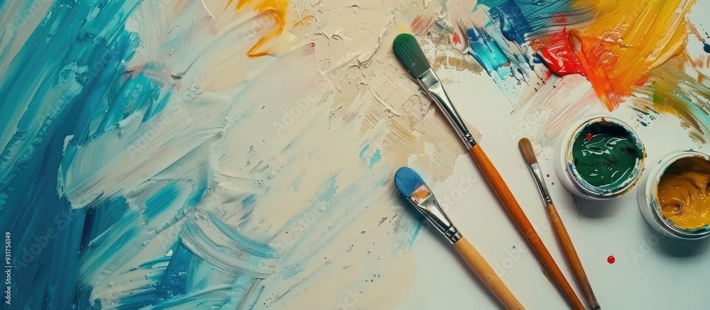 Aufkleber Painting visual art background Paints and a wooden painter figure with brushes on a white desk top view flat lay objects. with copy space image. Place for adding text or design