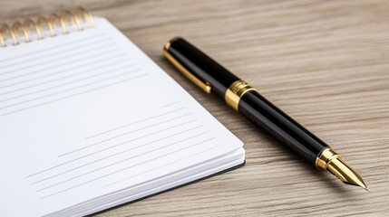 A pen and notebook on a wooden table with the paper open, AI