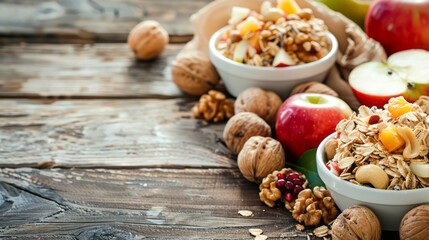 Fototapeta premium Healthy home made breakfast of muesli, apples, fresh fruits and walnuts. copy space