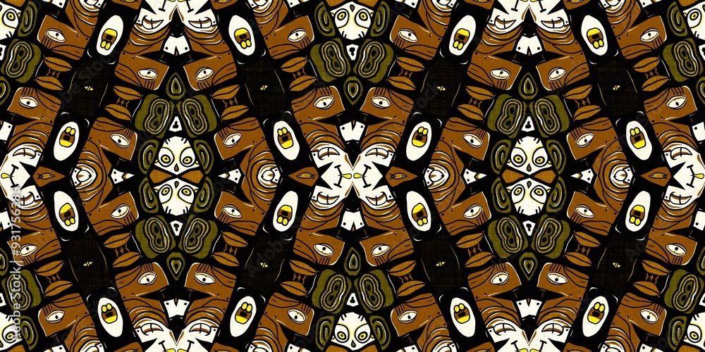 Wall mural Modern tribal shape mud cloth border effect seamless pattern. Stylized shape doodle in khaki brown color background design of printed patterned banner edge trim fabric repeat.