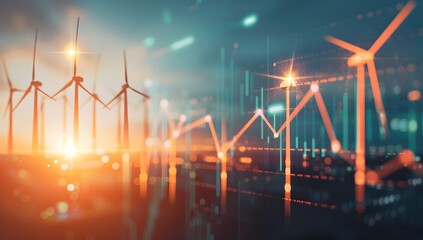 A stock market graph going up with wind turbines in the background, symbolizing green energy and sustainable business practices on a softly blurred neutral blue or grey background