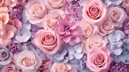 Beautiful Valentines Day Background with Multicolored Flowers. Floral Wallpaper with Pink and Lilac Roses.