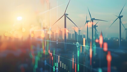 A stock market graph going up with wind turbines in the background, symbolizing green energy and sustainable business practices on a softly blurred neutral blue or grey background