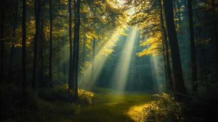 Fototapeta premium Enchanting Rays of Light in Lush Forest - Tranquil HD 8K Wallpaper for Nature Lovers