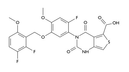 linzagolix molecule, structural chemical formula, ball-and-stick model, isolated image uterine fibroids medication