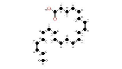 docosahexaenoic acid molecule, structural chemical formula, ball-and-stick model, isolated image omega-3 fatty acid