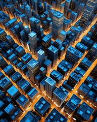 Aerial view of a city at night, with illuminated streets and skyscrapers.