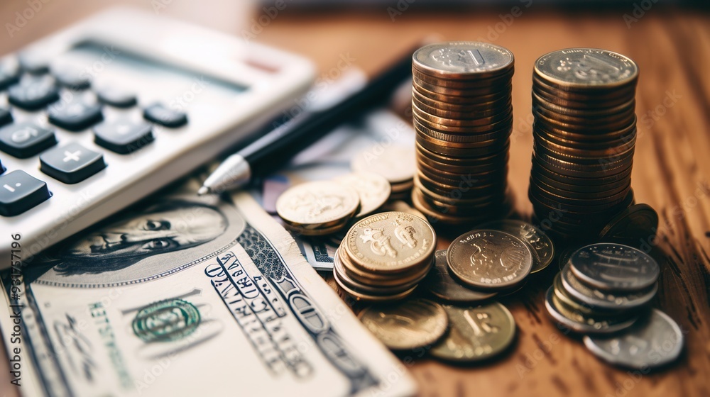 Fototapete A stack of cash sits next to piles of coins and an open notebook displaying handwritten notes and calculations about finances. Generative AI
