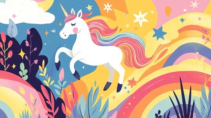 Fototapeta premium Playful unicorns and rainbows on a vibrant background