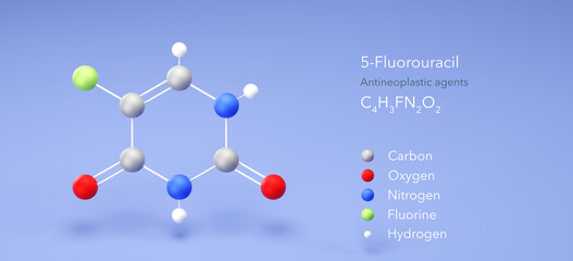 5-fluorouracil molecule, molecular structure, chemotherapy medication, 3d model, Structural Chemical Formula and Atoms with Color Coding