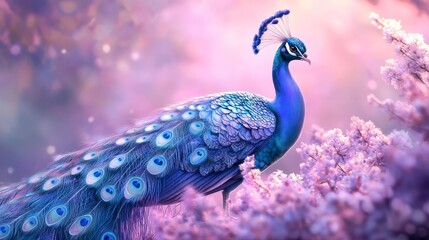 Fototapeta premium Enchanting Fantasy Illustration of a Majestic Peafowl in Pastel Colors - Digital Art Wallpaper Background