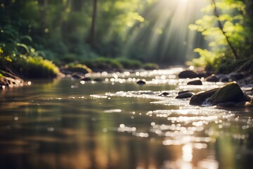 Fototapeta premium Bokeh background of a serene forest stream with sunlight reflecting on the water, AI Generated