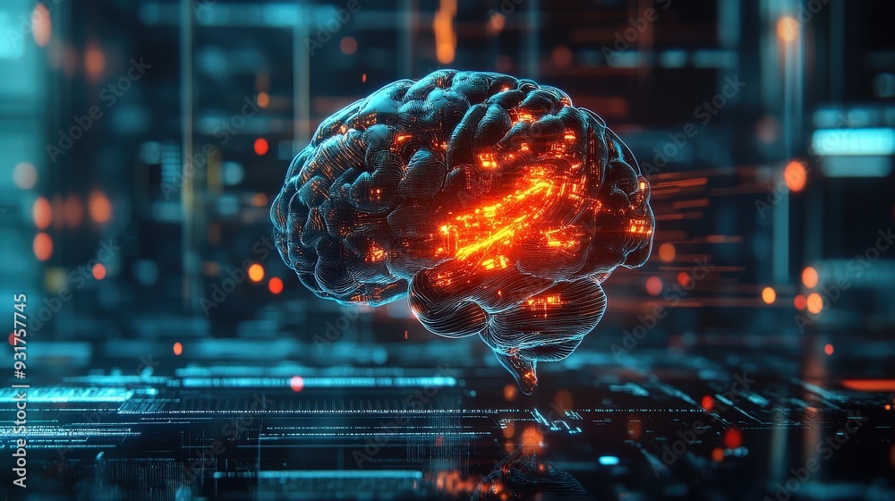 Poster a digital brain glows with orange patterns while processing visual data in a futuristic, high-tech s