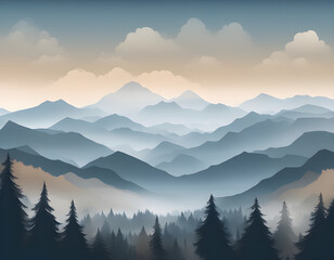 Obraz premium Misty forest multiple mountains background